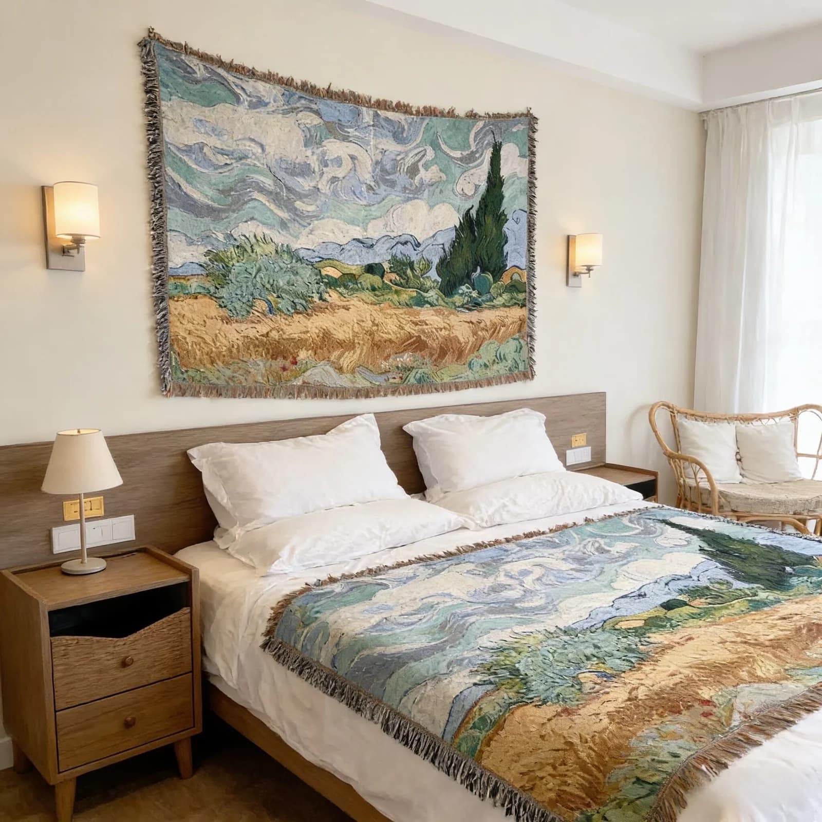 Van Goga stila austa gobelēna pleds dīvānam un sienas dekoram