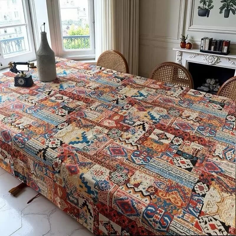 Retro boho stila žakarda galdauts ar ģeometrisku rakstu