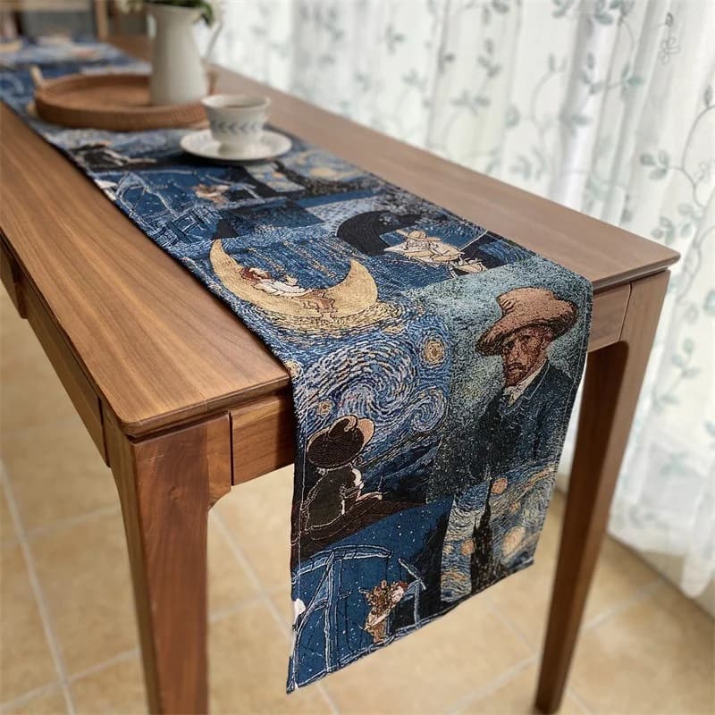 Van Goga stila kokvilnas un lina maisījuma galda celiņš mājas dekoram