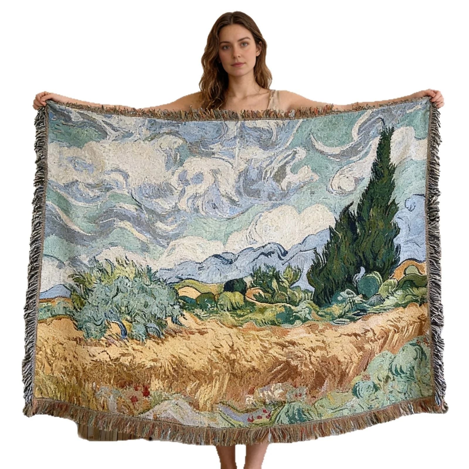 Van Goga stila austa gobelēna pleds dīvānam un sienas dekoram