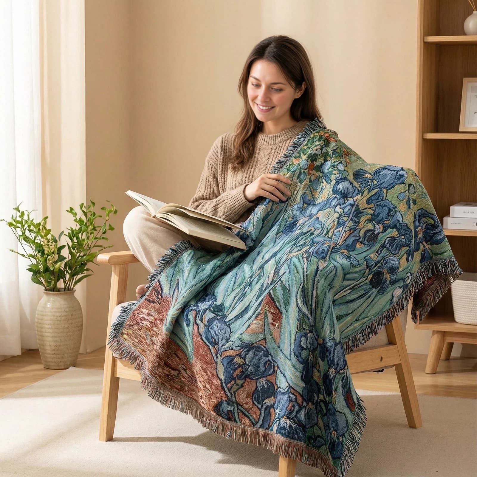 Van Goga stila gobelēna pleds no kokvilnas maisījuma, dīvāna pārklājs