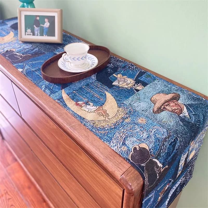 Van Goga stila galda ceļš no kokvilnas un lina maisījuma